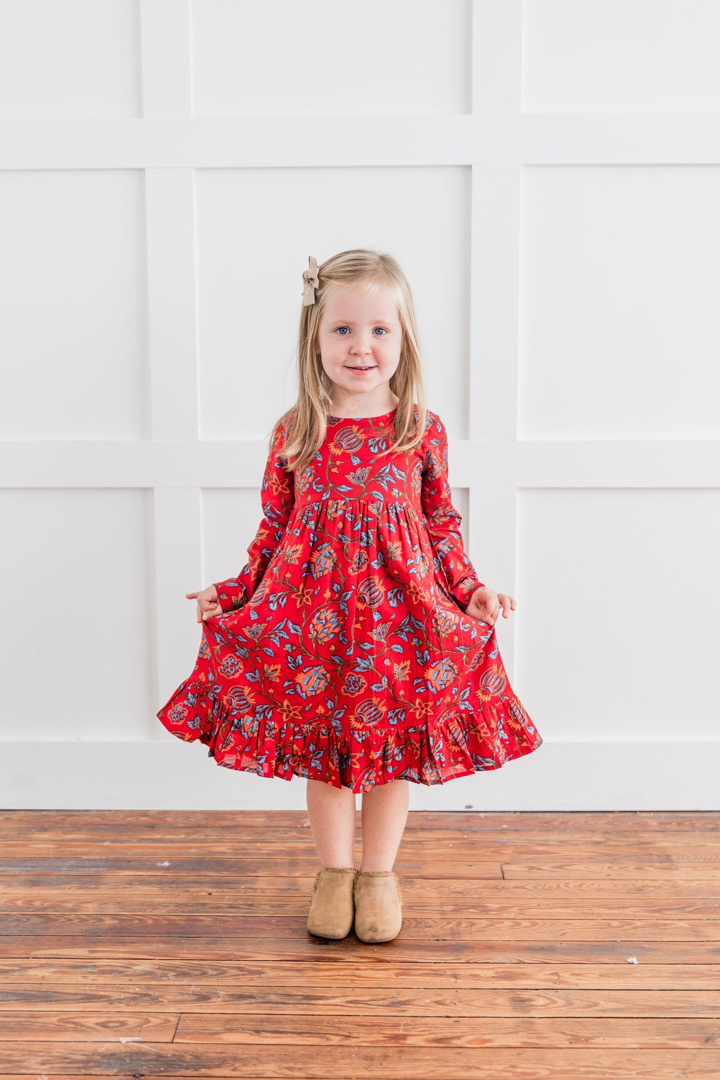 Floral Print Bottom Ruffle Long-Sleeves Gathered Dress dress & diaper cover Yo Baby India 