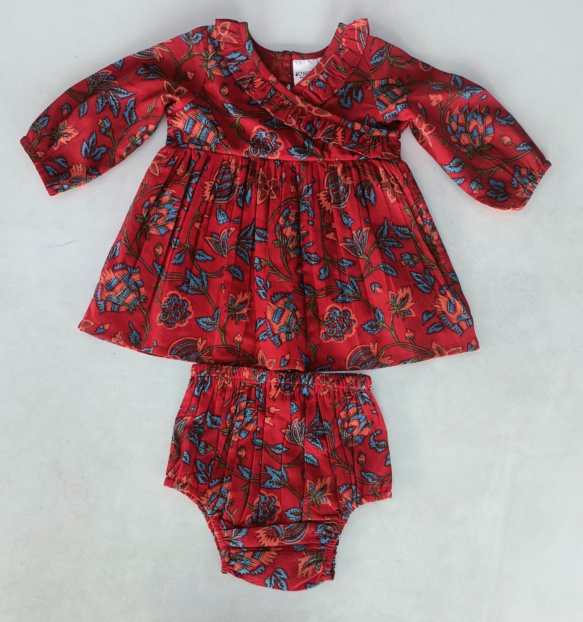 Floral Print Neck Ruffle Long-Sleeves Gathered Dress dress & diaper cover Yo Baby India 