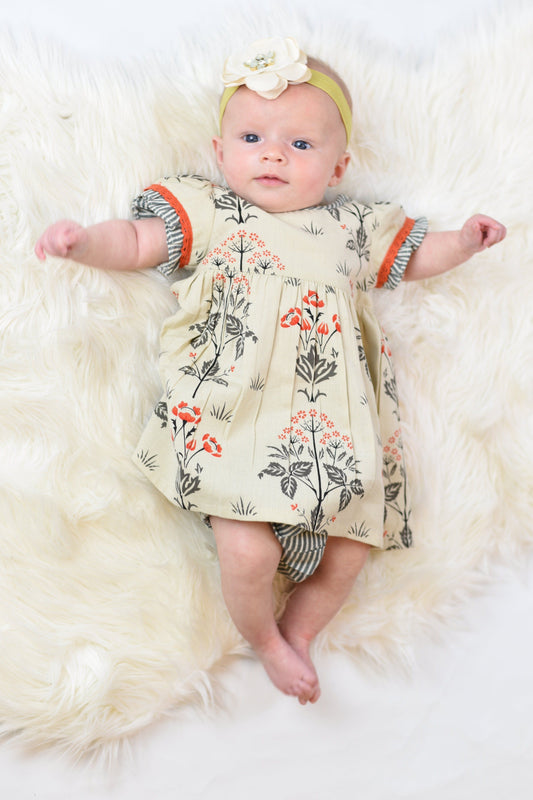 Floral Shift Dress With Contrasting Orange Lace Detail & Diaper Cover Set Dress Yo Baby Wholesale 