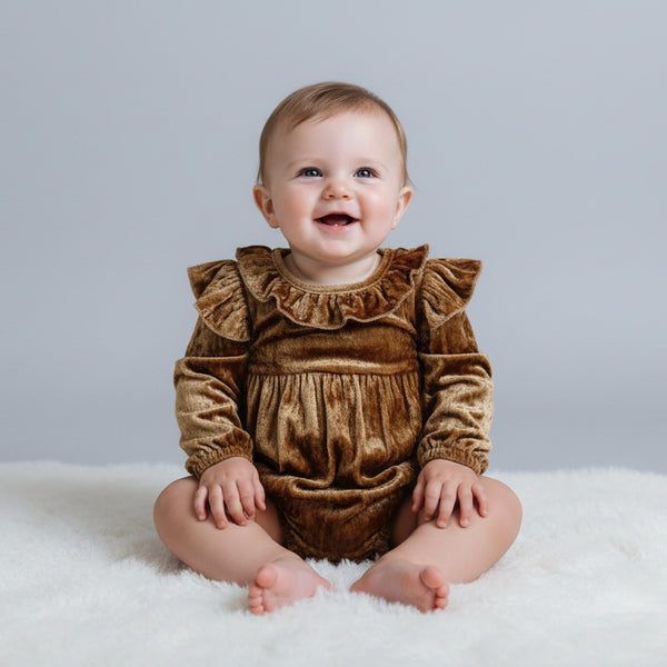 Gold Viscose Velvet Full Sleeves Ruffle Romper – Soft Velvet Baby Romper