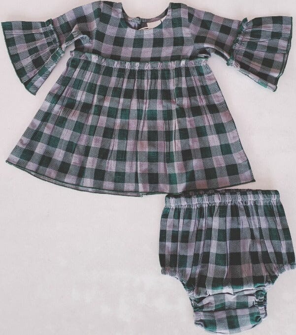 Green Checkered Print Bell-Sleeves Dress & Diaper Cover Set dress & diaper cover Yo Baby India 