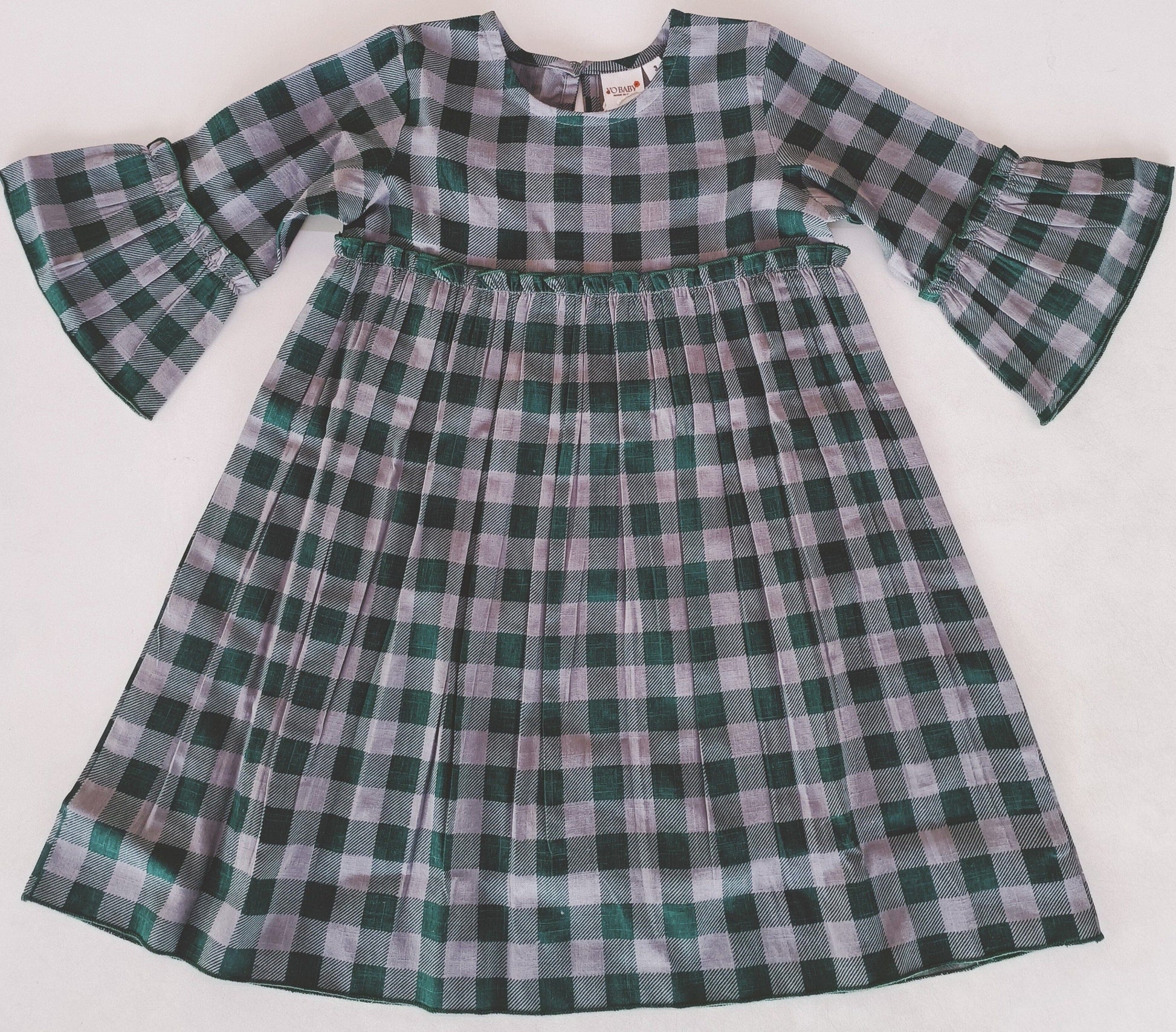 Green Checkered Print Bell-Sleeves Dress Dress Yo Baby India 