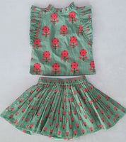 Green Floral Neck Ruffle Top & Skorts Set TOP & SKORT Yo Baby India 