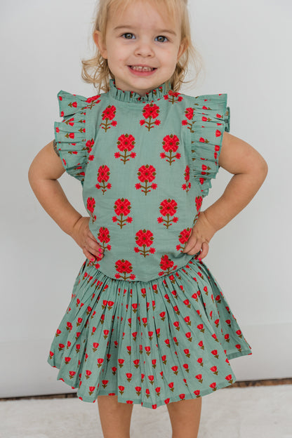 Green Floral Neck Ruffle Top & Skorts Set TOP & SKORT Yo Baby India 