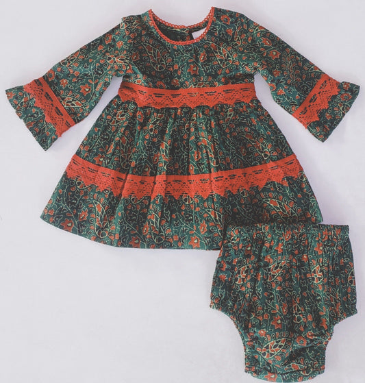 Green & Maroon Printed Long Sleeve Lace Detail Dress and Bloomers dress & diaper cover Yo Baby India 