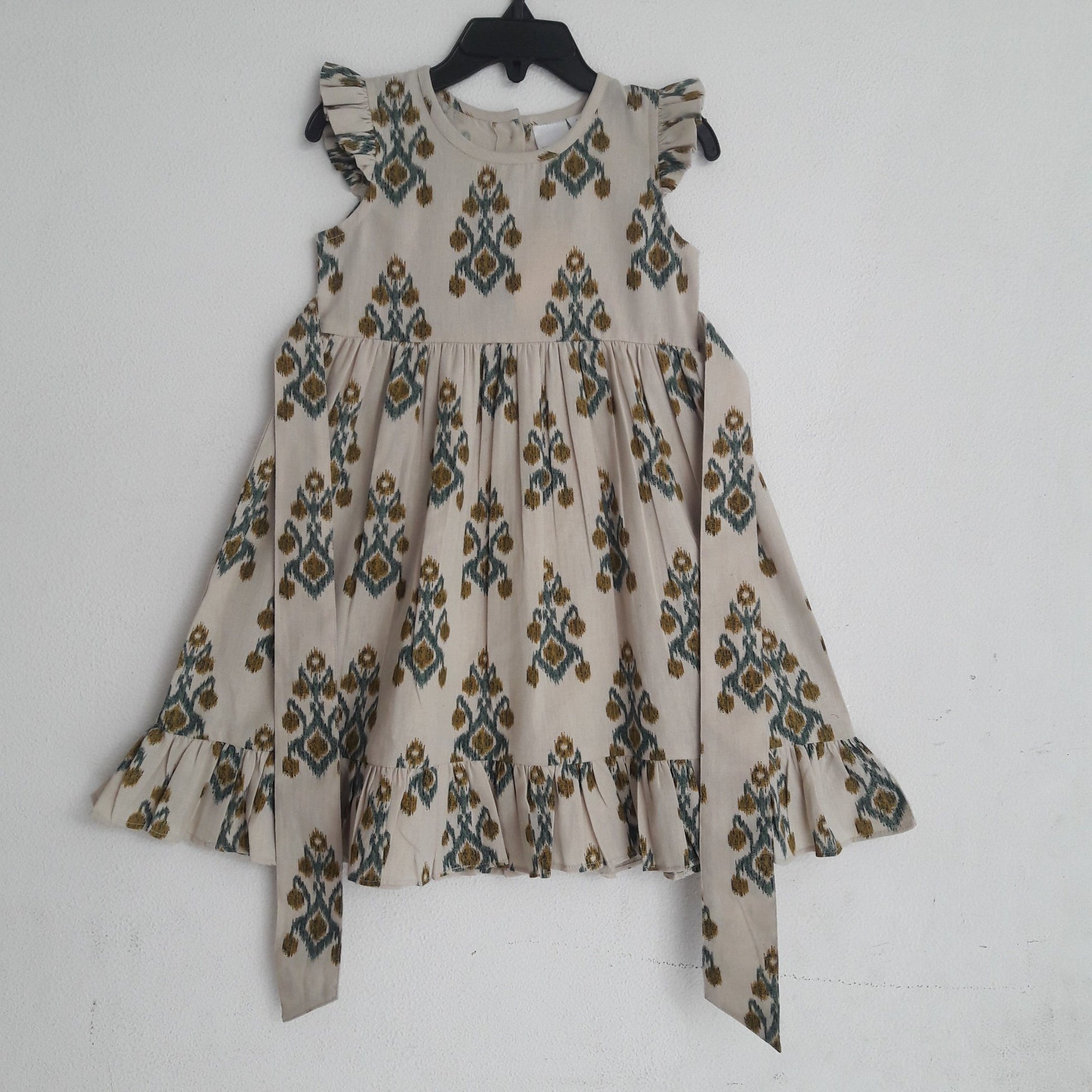 Green Mustard Print Ruffle-Sleeve Dress Dress Yo Baby Wholesale 