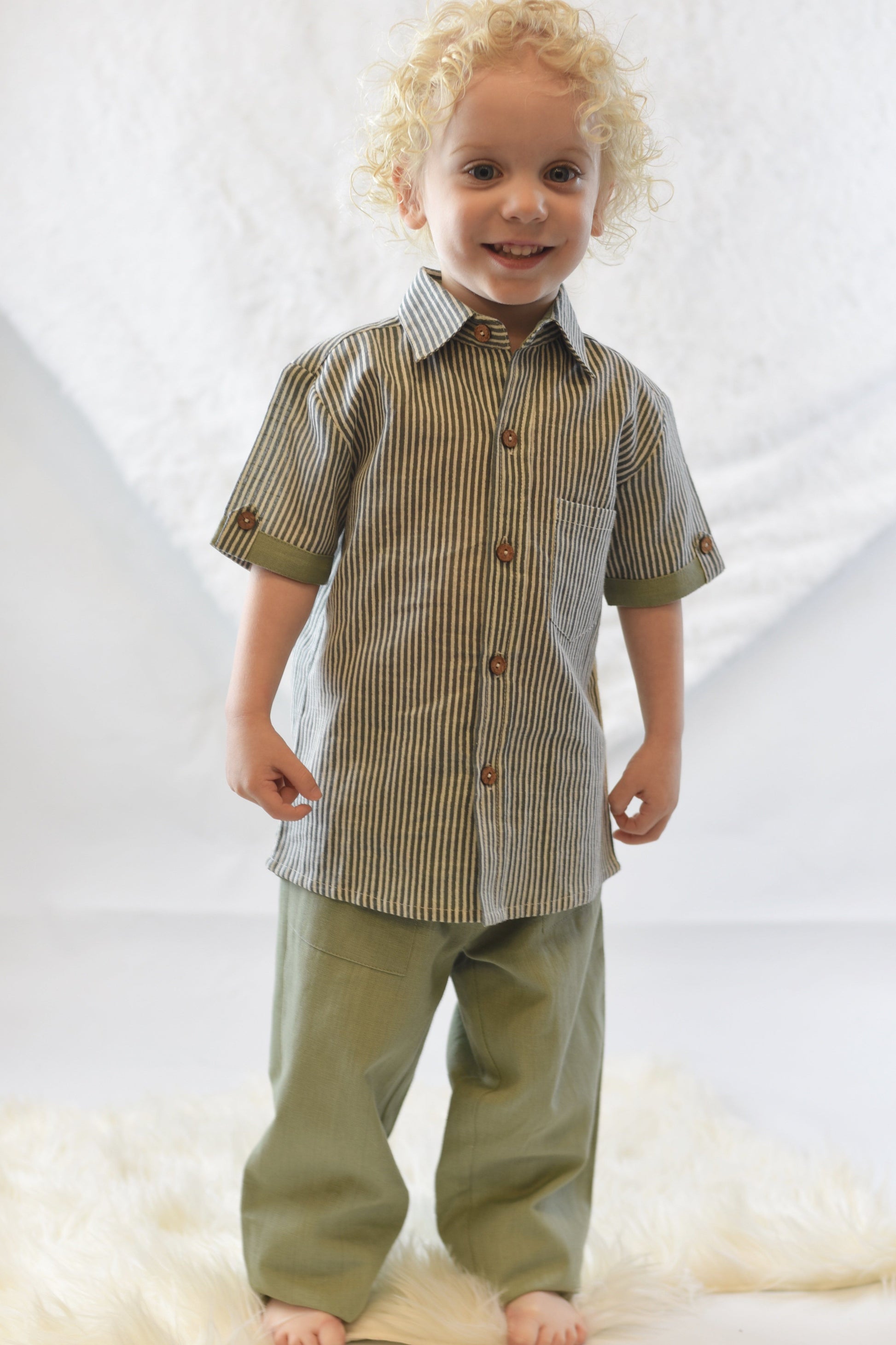 Green Striped Shirt & Pants Set Boys Yo Baby Wholesale 