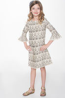 Grey and Off-white Ikat Box Pleat Lace Detail Dress Dress Yo Baby Wholesale 