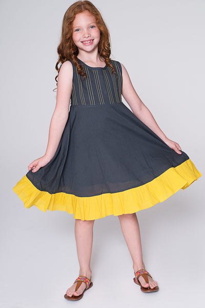 Grey and Yellow Contrast Stitch Detail Yoke Dress Dress Yo Baby Wholesale 