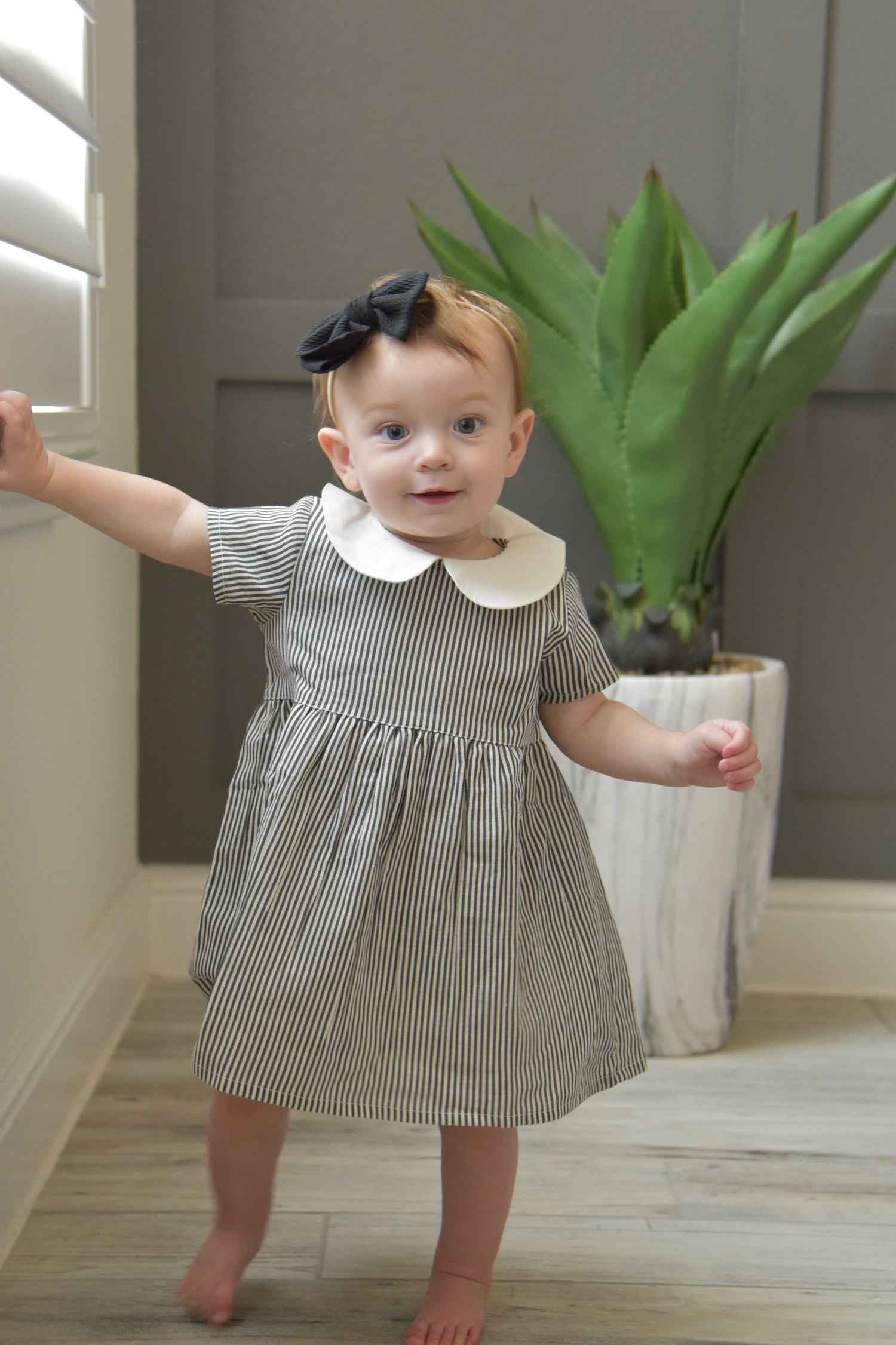 Grey Striped Peter-Pan Collar Dress With Matching Diaper Cover Dress Yo Baby Wholesale 