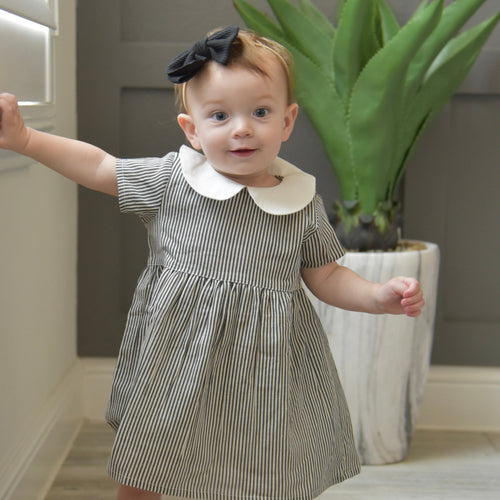 Grey Striped Peter-Pan Collar Dress with Matching Diaper Cover – 100% Cotton Infant Dress