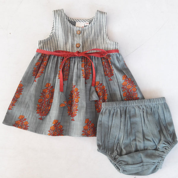 Grey Stripes & Floral Print Sleevless Dress & Diaper Cover Set dress & diaper cover Yo Baby Wholesale 