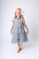 Grey Tulle Solid Color Neck & Sleeve Ruffled Tiered Dress dress & diaper cover DRESS Yo Baby India 