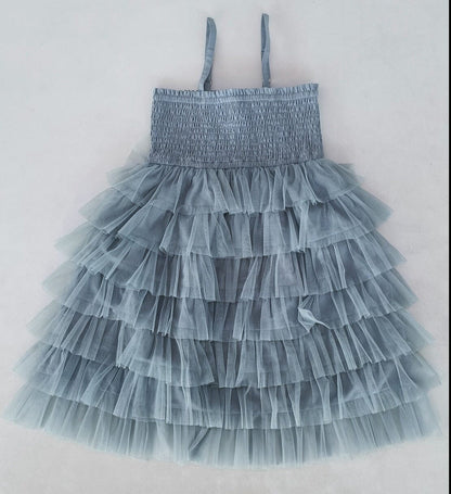 Grey Tulle Solid Color Tiered Ruffle Dress dress Yo Baby India 