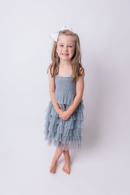 Grey Tulle Solid Color Tiered Ruffle Dress dress Yo Baby India 