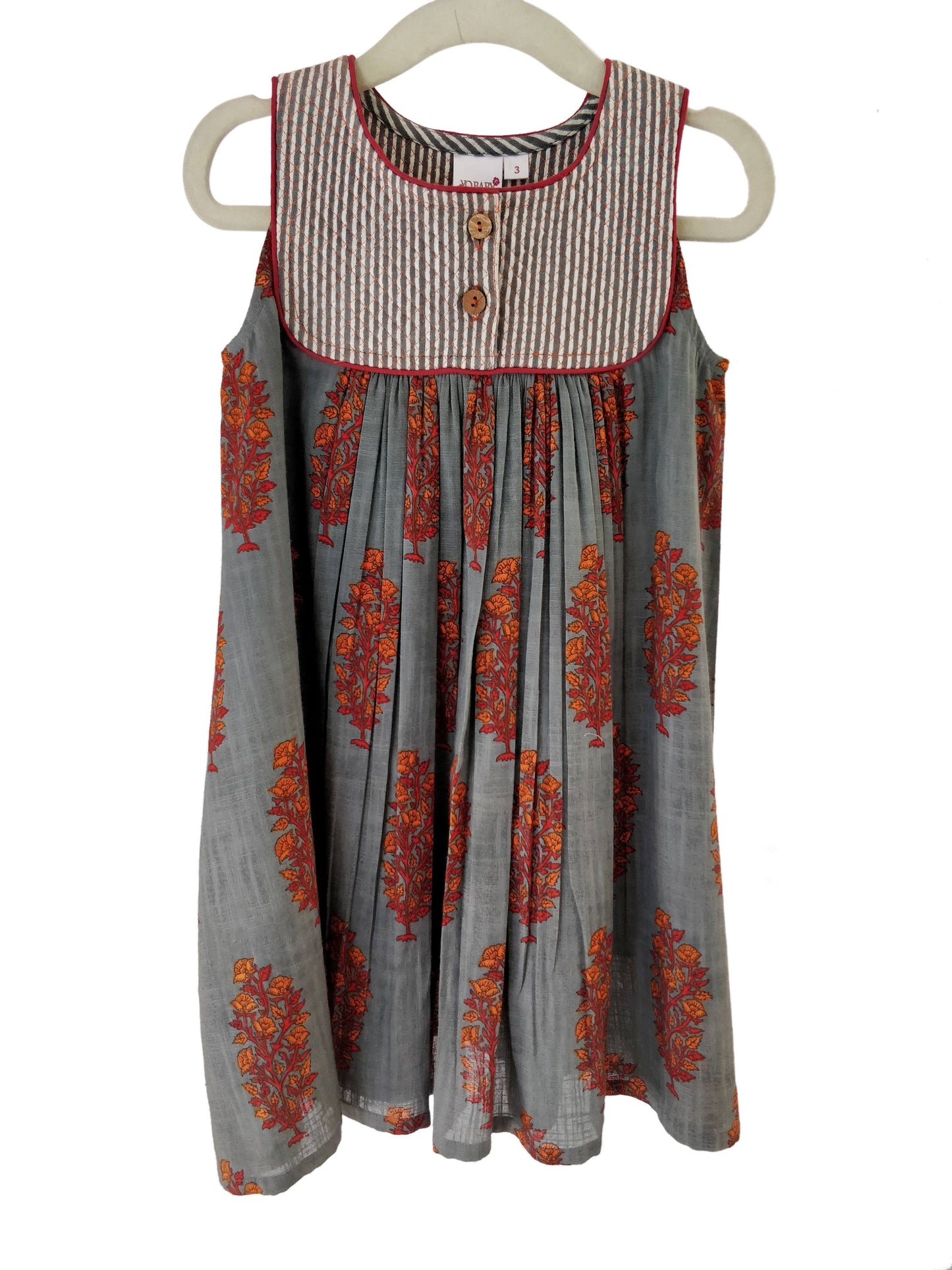 Grey with Red Orange Floral Print with Pinstripe Quilted Yoke Detail Dress Dress Yo Baby Wholesale 