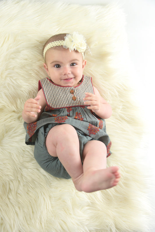 Grey with Red Orange Floral Print with Pinstripe Quilted Yoke Detail Dress Dress Yo Baby Wholesale 