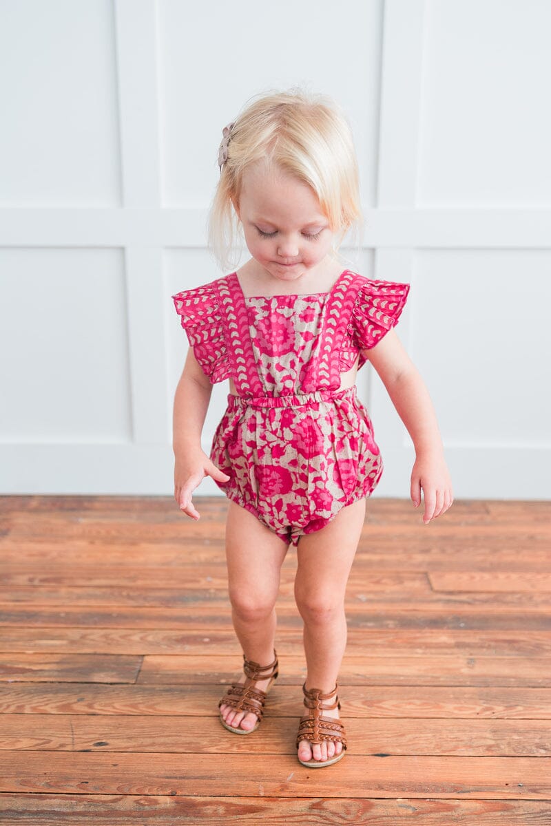 Hot-Pink Floral Ruffled Racer-Back Romper romper Yo Baby India 