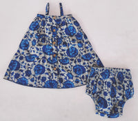 Indigo Floral Printed Tiered Dress and Bloomers dress & diaper cover Yo Baby India 
