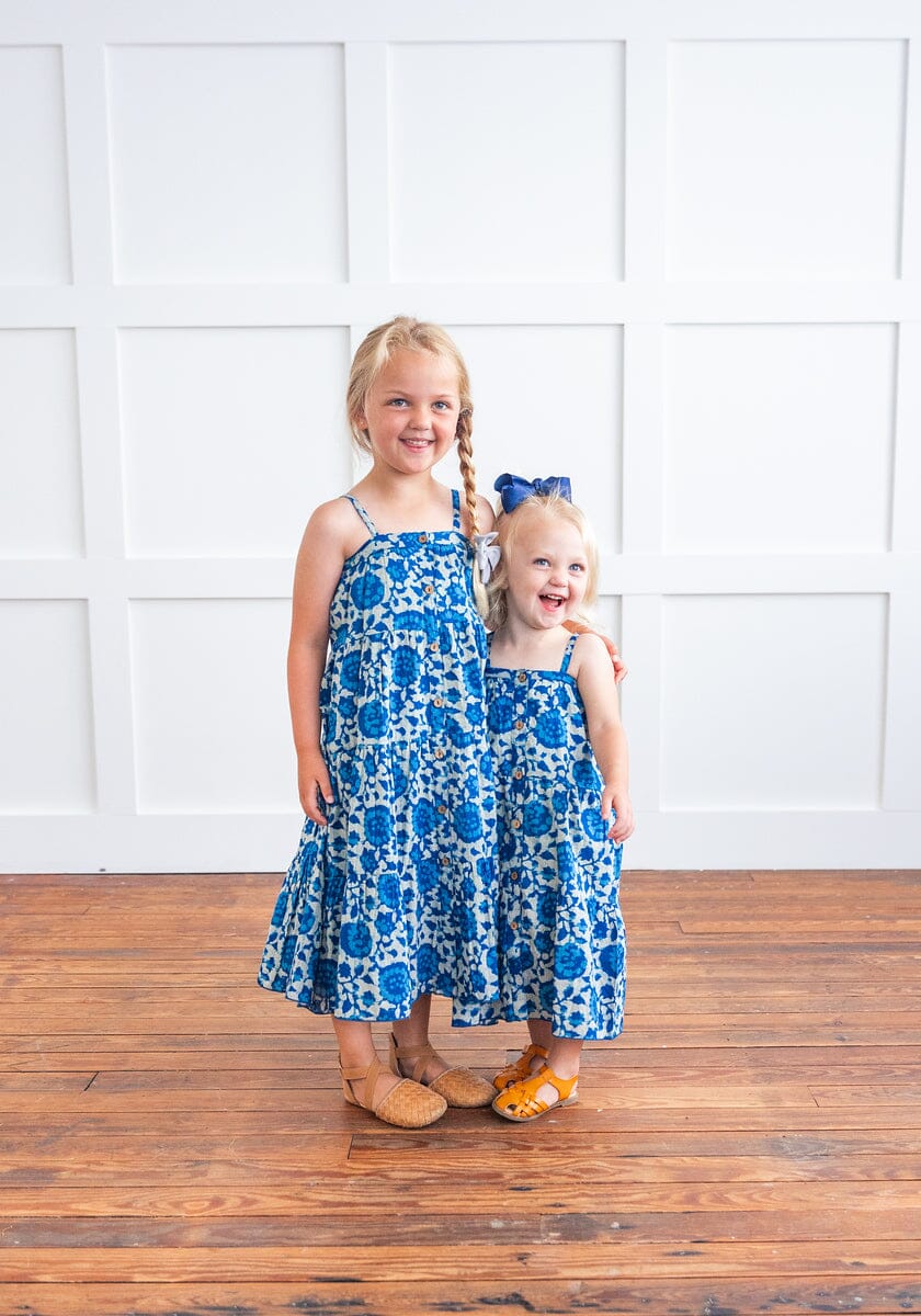 Indigo Floral Printed Tiered Dress and Bloomers dress & diaper cover Yo Baby India 