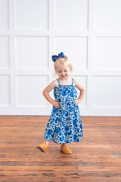 Indigo Floral Printed Tiered Dress and Bloomers dress & diaper cover Yo Baby India 