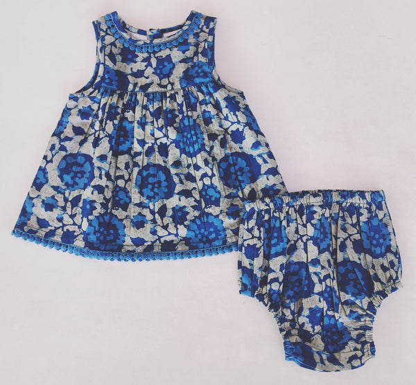 Indigo Floral Shift Dress With Lace Detail & Diaper Cover Set dress & diaper cover Yo Baby India 