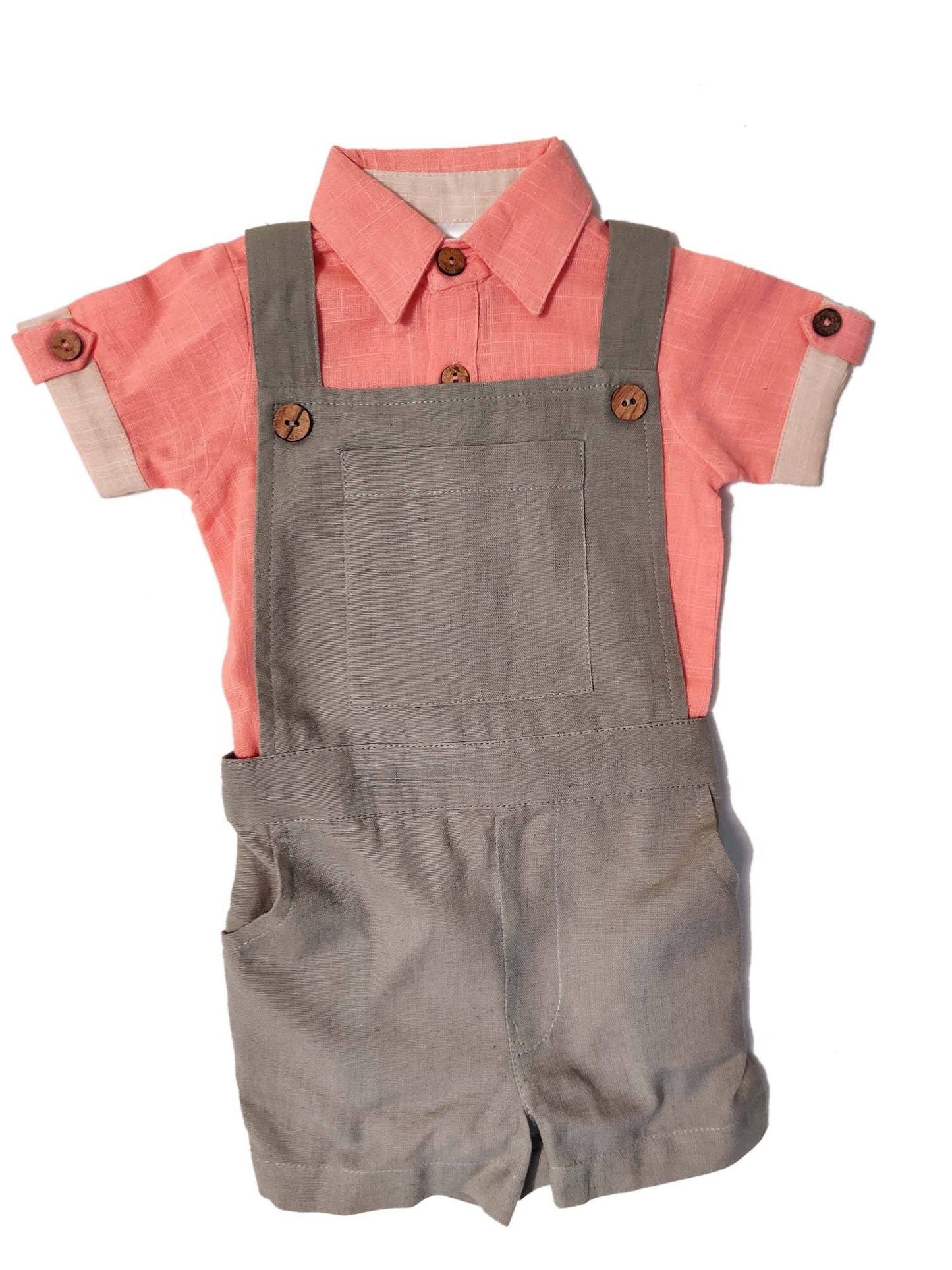 Infant Romper-Shirt and Overalls Set - Coral & Grey Boys Yo Baby Wholesale 