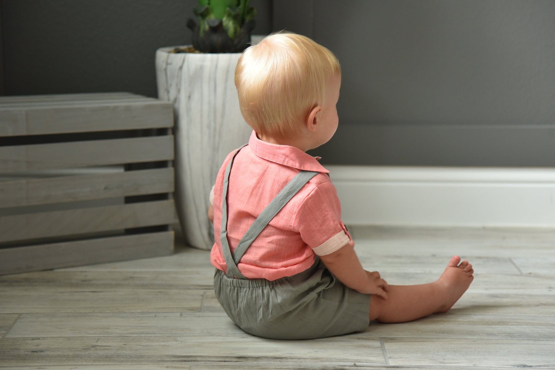 Infant Romper-Shirt and Overalls Set - Coral & Grey Boys Yo Baby Wholesale 
