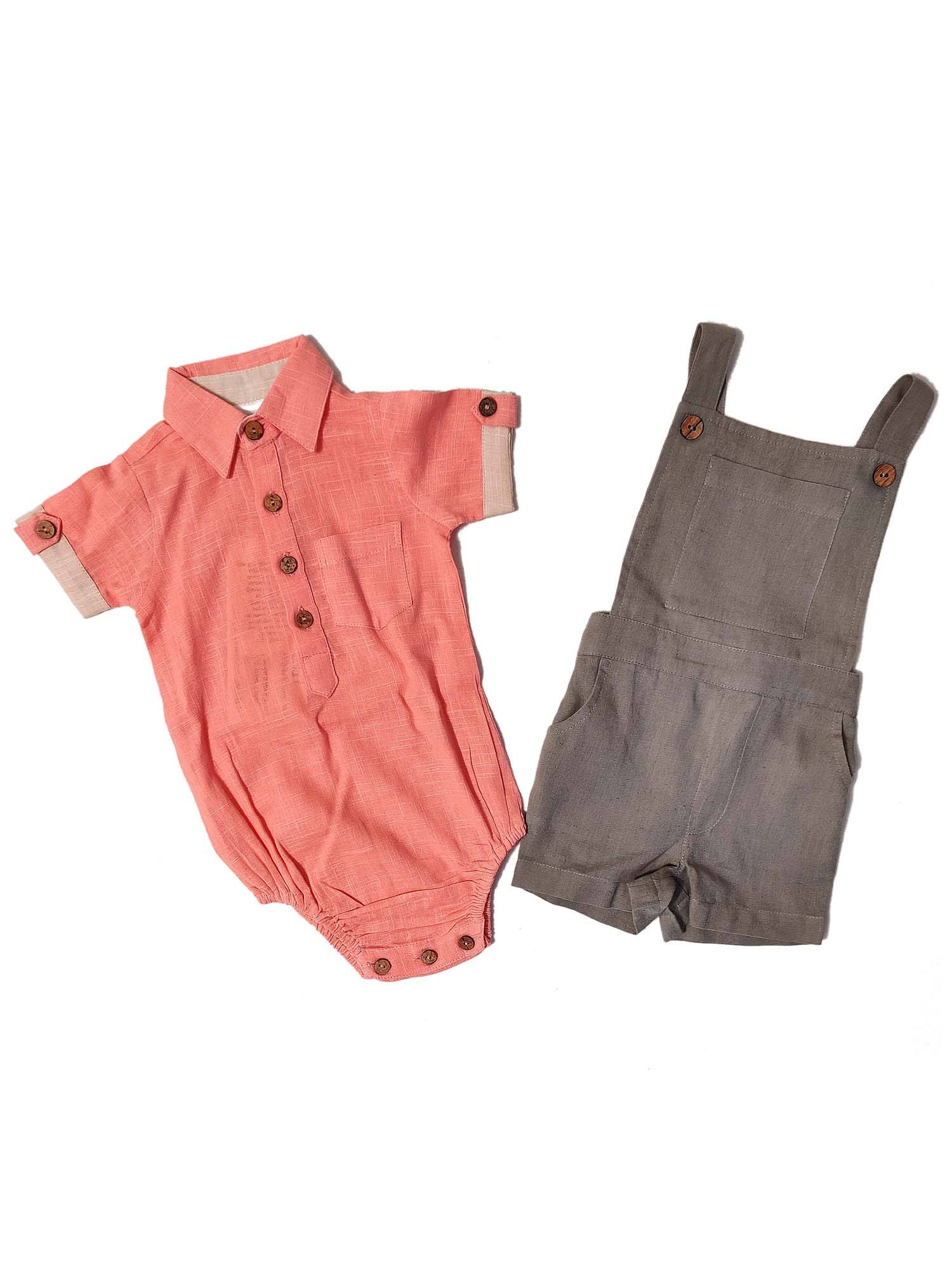 Infant Romper-Shirt and Overalls Set - Coral & Grey Boys Yo Baby Wholesale 