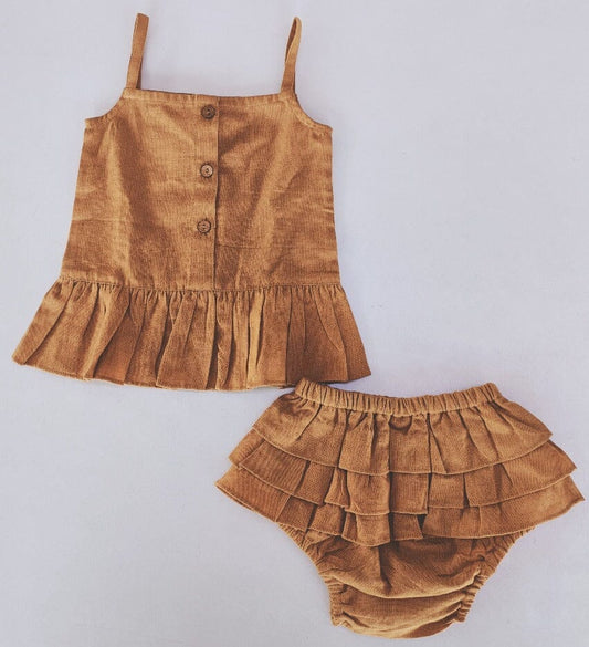 Khaki Top With Ruffle Detail & Diaper Cover Set Top and bloomer 2-pc. set Yo Baby India 