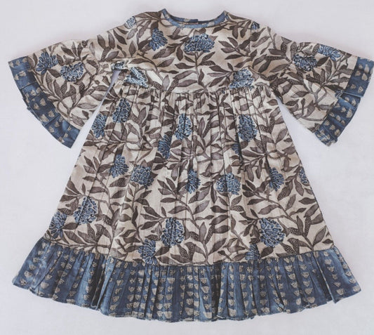 Leaf Print Bell-Sleeves Bottom Ruffle Dress Yo Baby India 