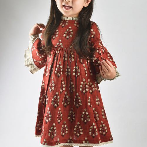 Maroon Dress with Pin Stripe Detail on Sleeve and Neck