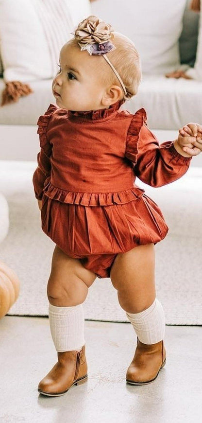 Maroon Full-Sleeves Ruffles Infant Romper Dress Yo Baby Wholesale 