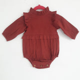 Maroon Full-Sleeves Ruffles Infant Romper Dress Yo Baby Wholesale 
