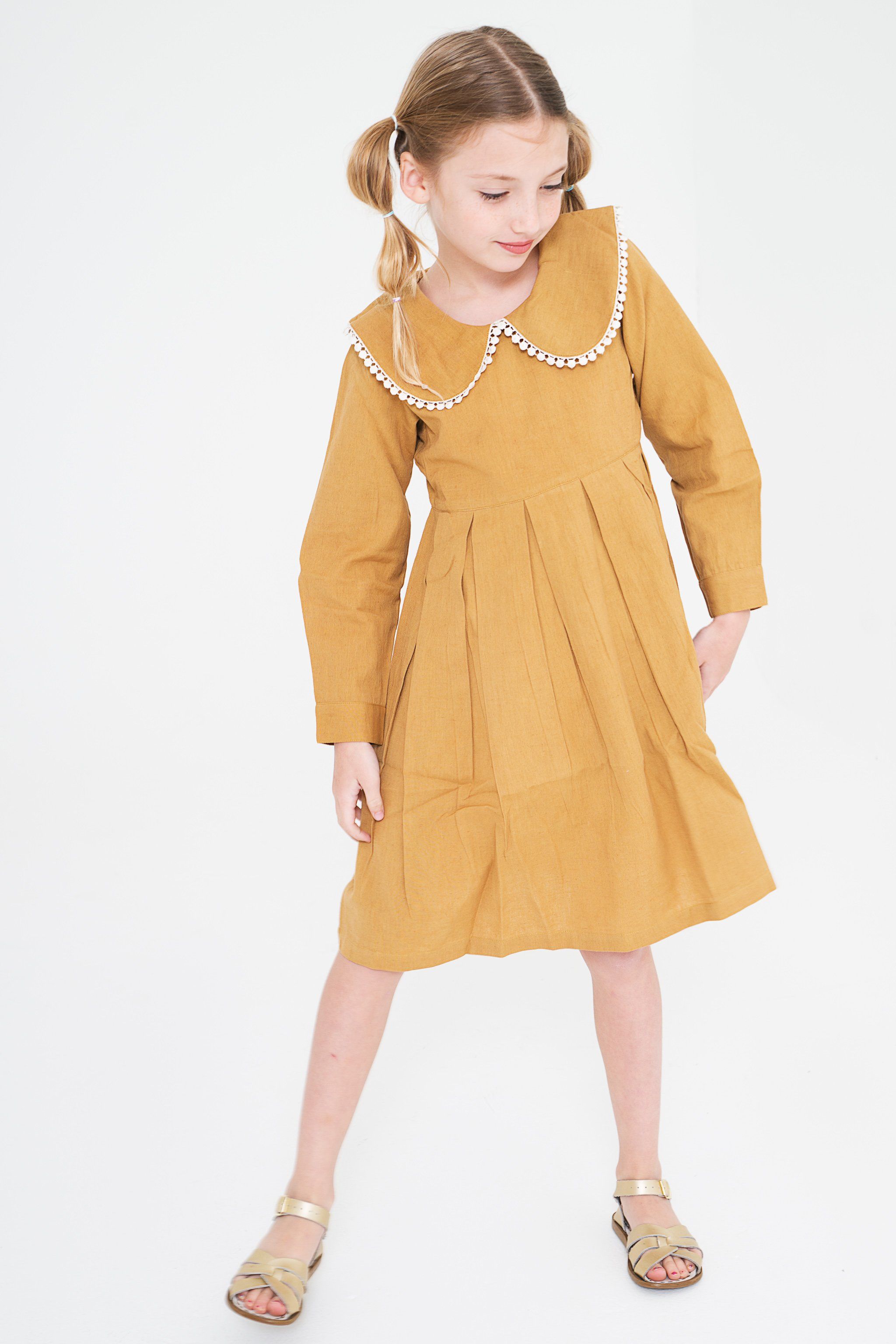 Mustard Big Peter Pan Collar Dress With Lace Detail Yo Baby India