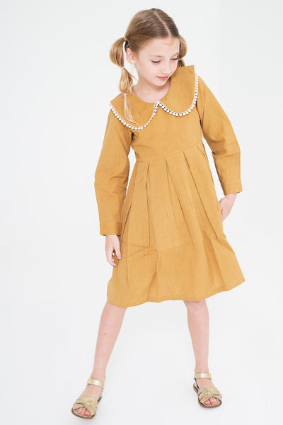 Mustard Big Peter Pan Collar Dress With Lace Detail Dress Yo Baby Wholesale 