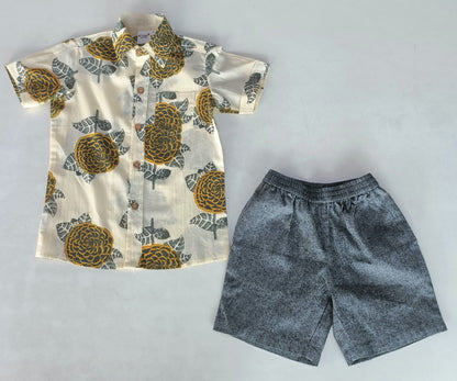 Mustard & Grey Floral Print Boys Shirt & Black Chambray Shorts set shirt & shorts Yo Baby India 
