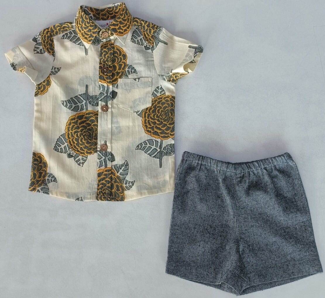 Mustard & Grey Floral Print Boys Shirt & Black Chambray Shorts set shirt & shorts Yo Baby India 