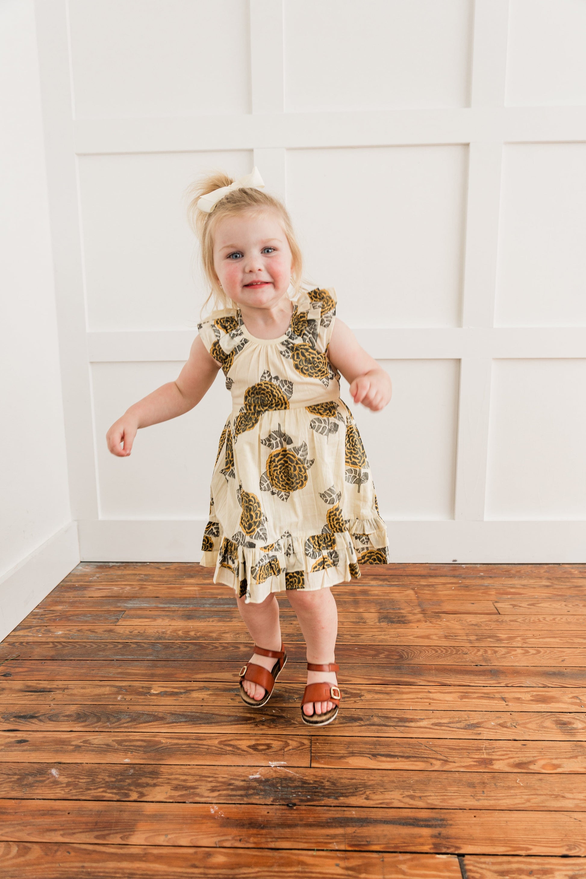 Mustard & Grey Floral Print Sleeve & Bottom Ruffled Gathered Dress Dress Yo Baby India 