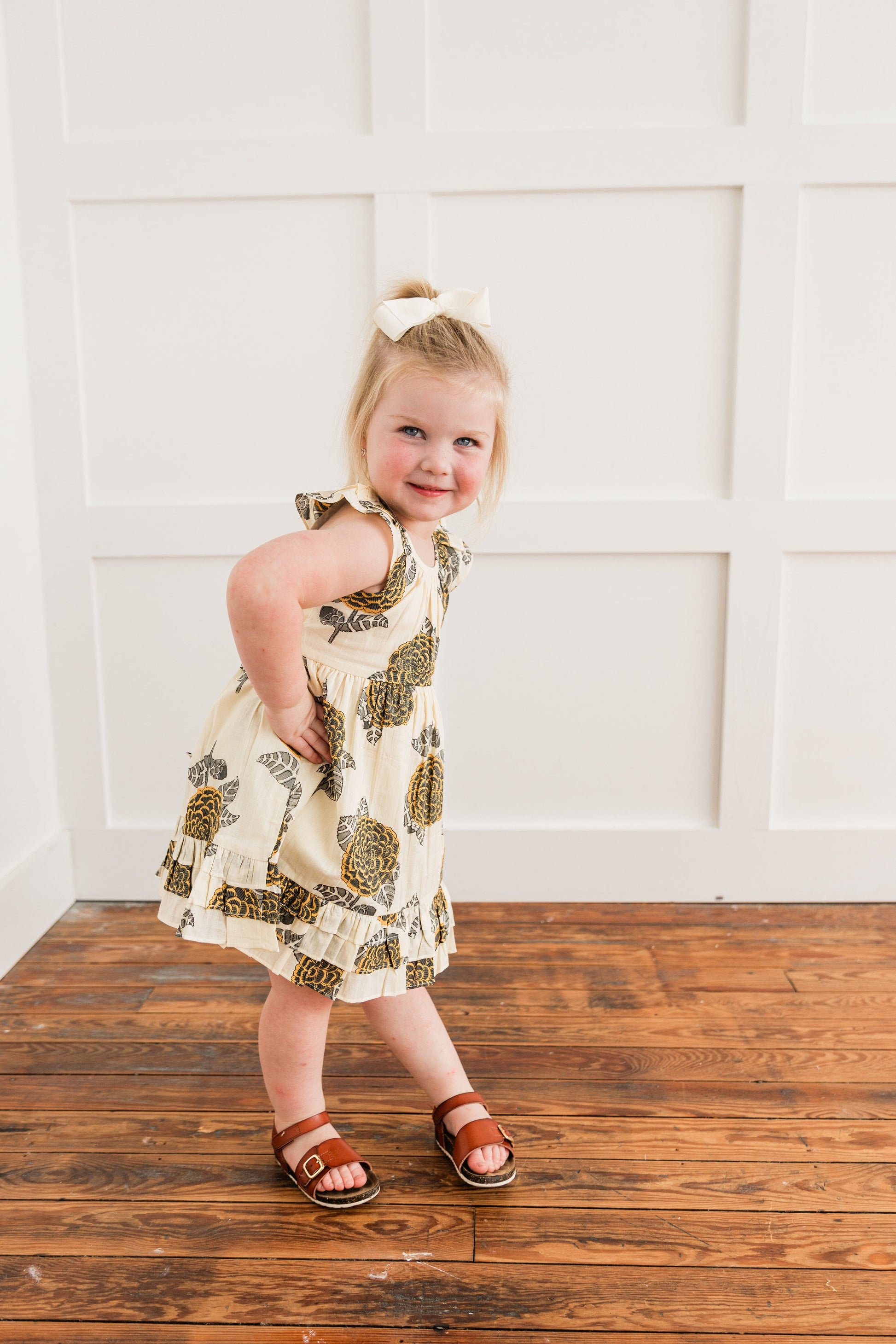 Mustard & Grey Floral Print Sleeve & Bottom Ruffled Gathered Dress Dress Yo Baby India 