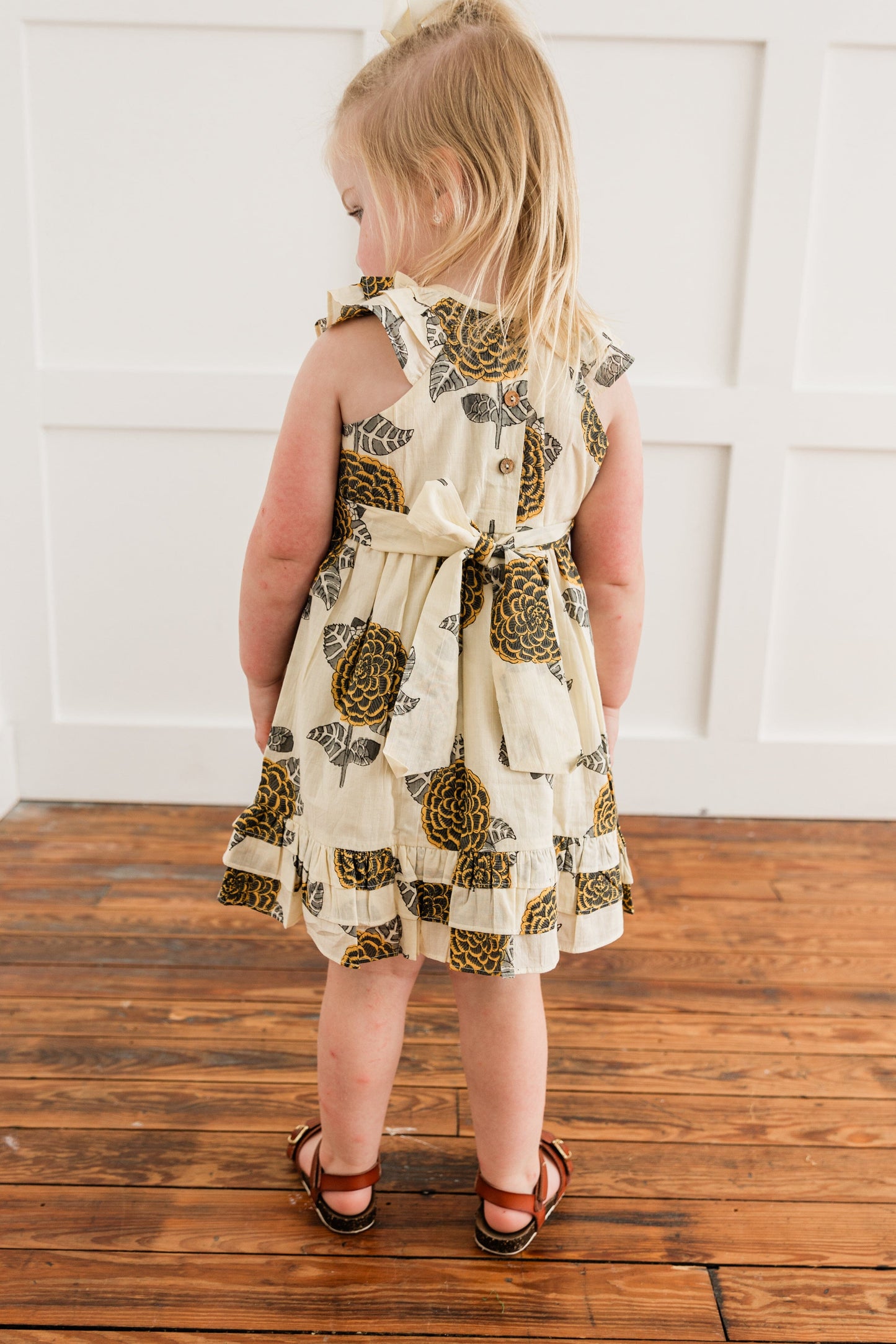 Mustard & Grey Floral Print Sleeve & Bottom Ruffled Gathered Dress Dress Yo Baby India 