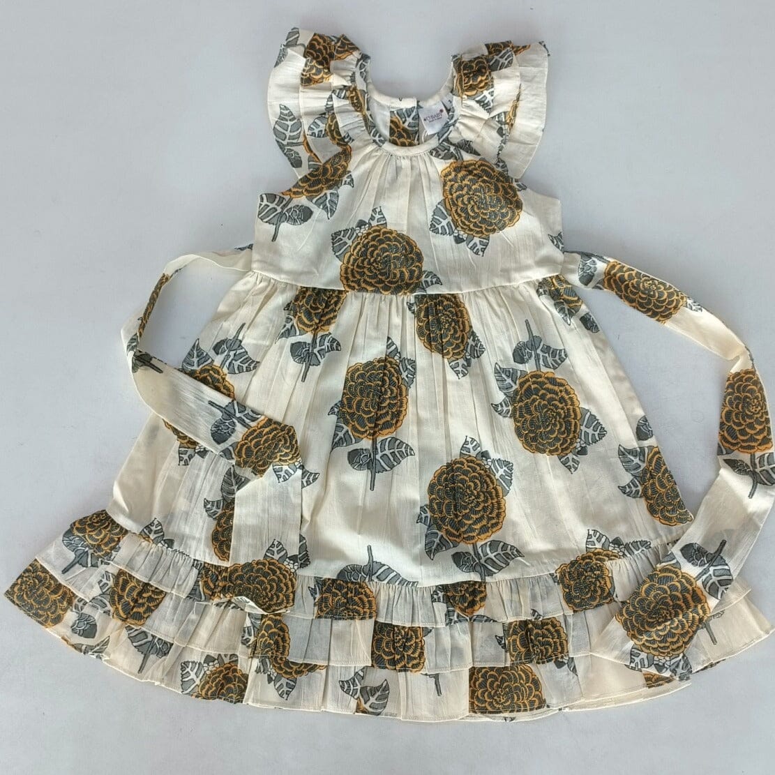 Mustard & Grey Floral Print Sleeve & Bottom Ruffled Gathered Dress Dress Yo Baby India 