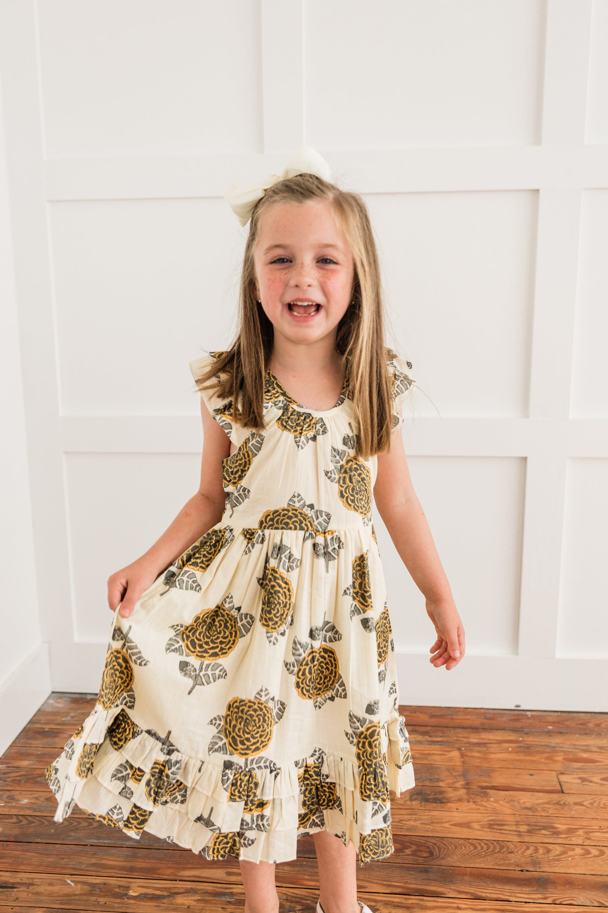 Mustard & Grey Floral Print Sleeve & Bottom Ruffled Gathered Dress Dress Yo Baby India 