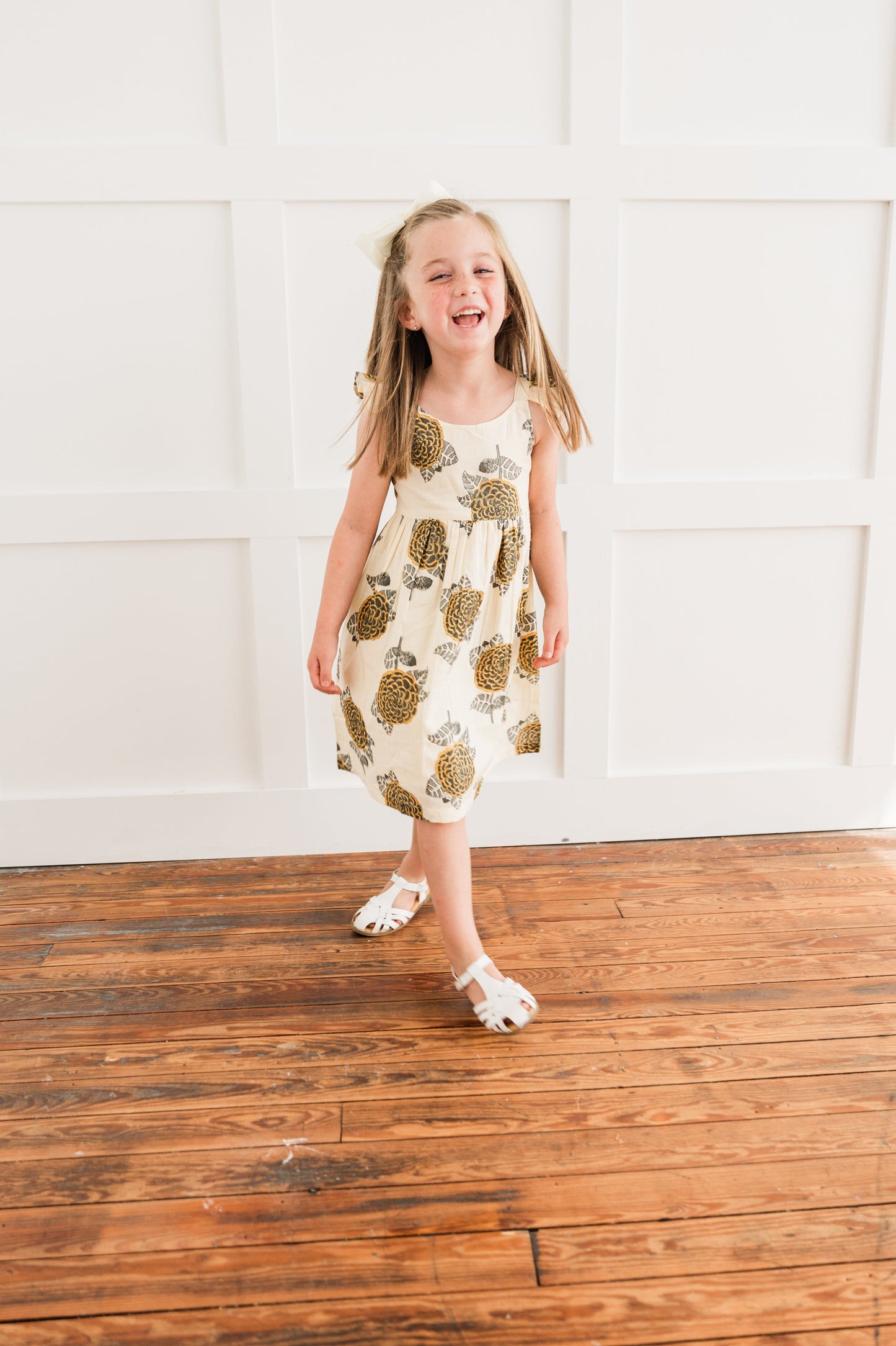 Mustard & Grey Floral Print Sleeve Ruffled Gathered Dress Dress Yo Baby India 