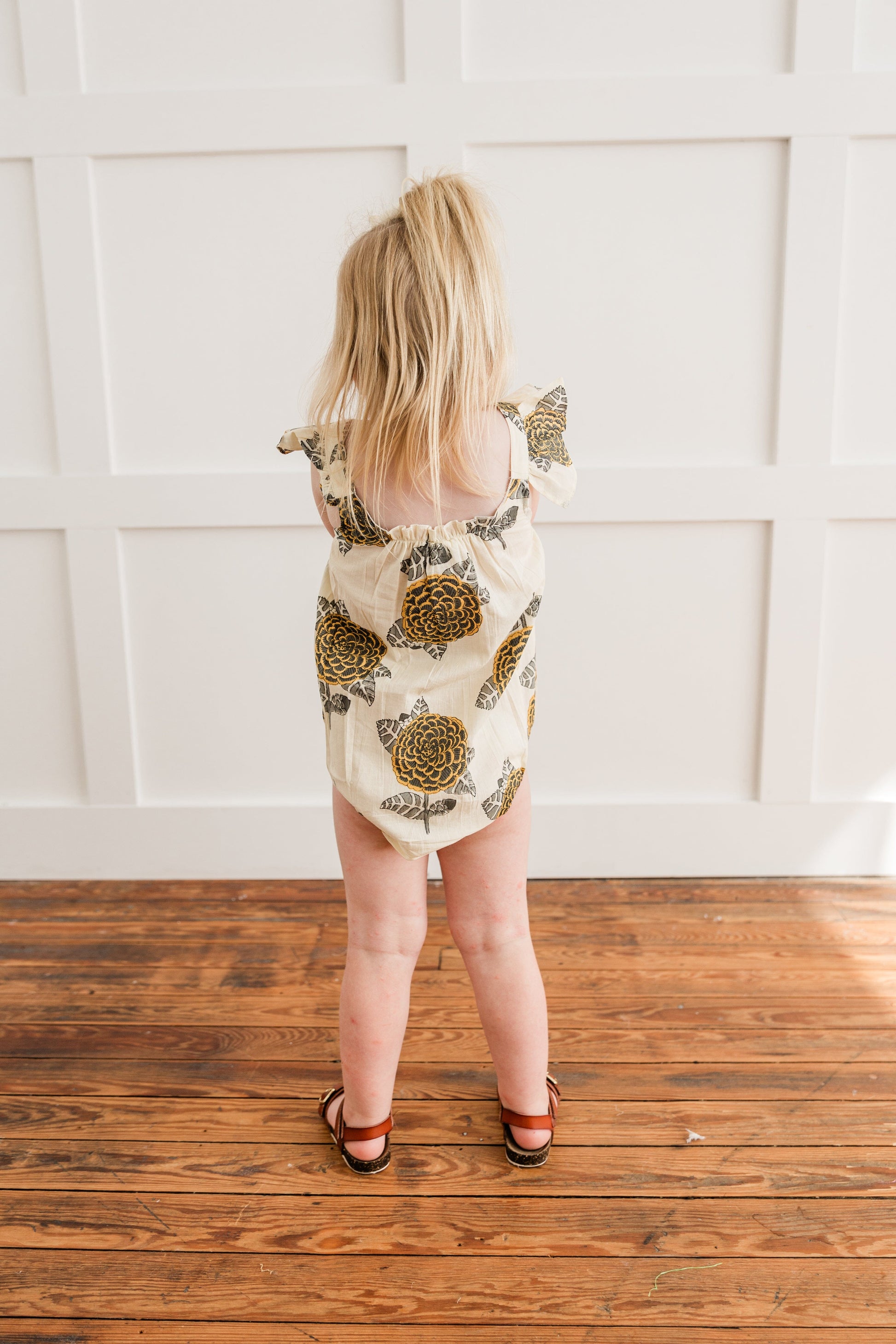 Mustard & Grey Floral Print Sleeve Ruffled Romper romper Yo Baby India 