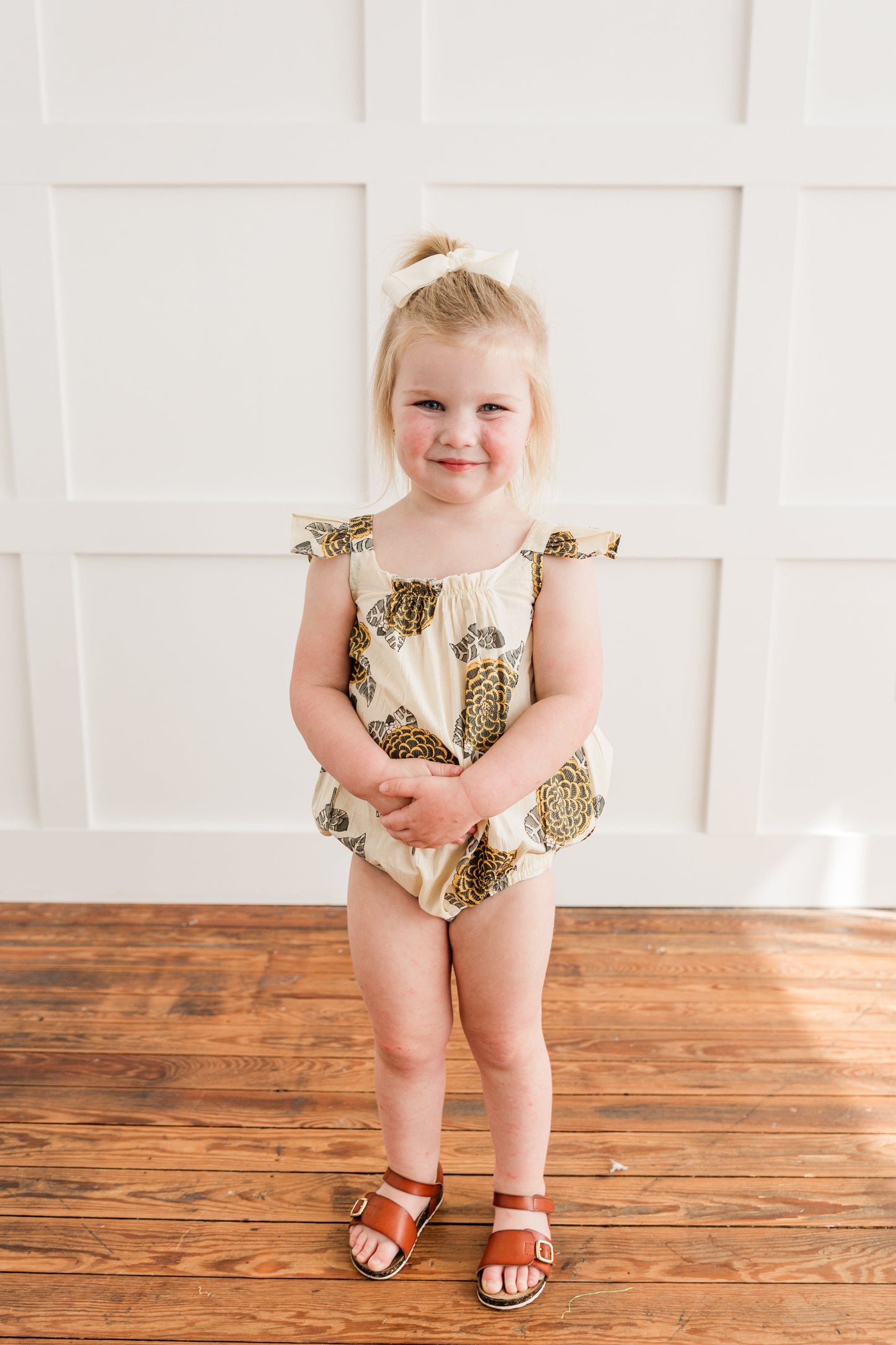 Mustard & Grey Floral Print Sleeve Ruffled Romper romper Yo Baby India 