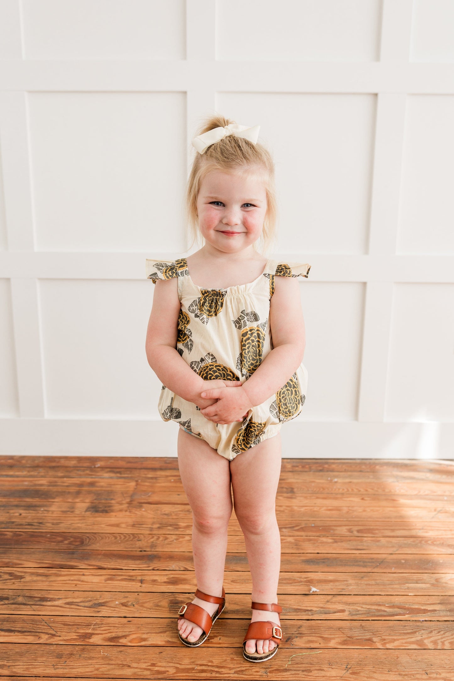 Mustard & Grey Floral Print Sleeve Ruffled Romper romper Yo Baby India 