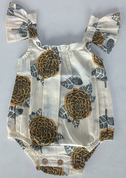 Mustard & Grey Floral Print Sleeve Ruffled Romper romper Yo Baby India 