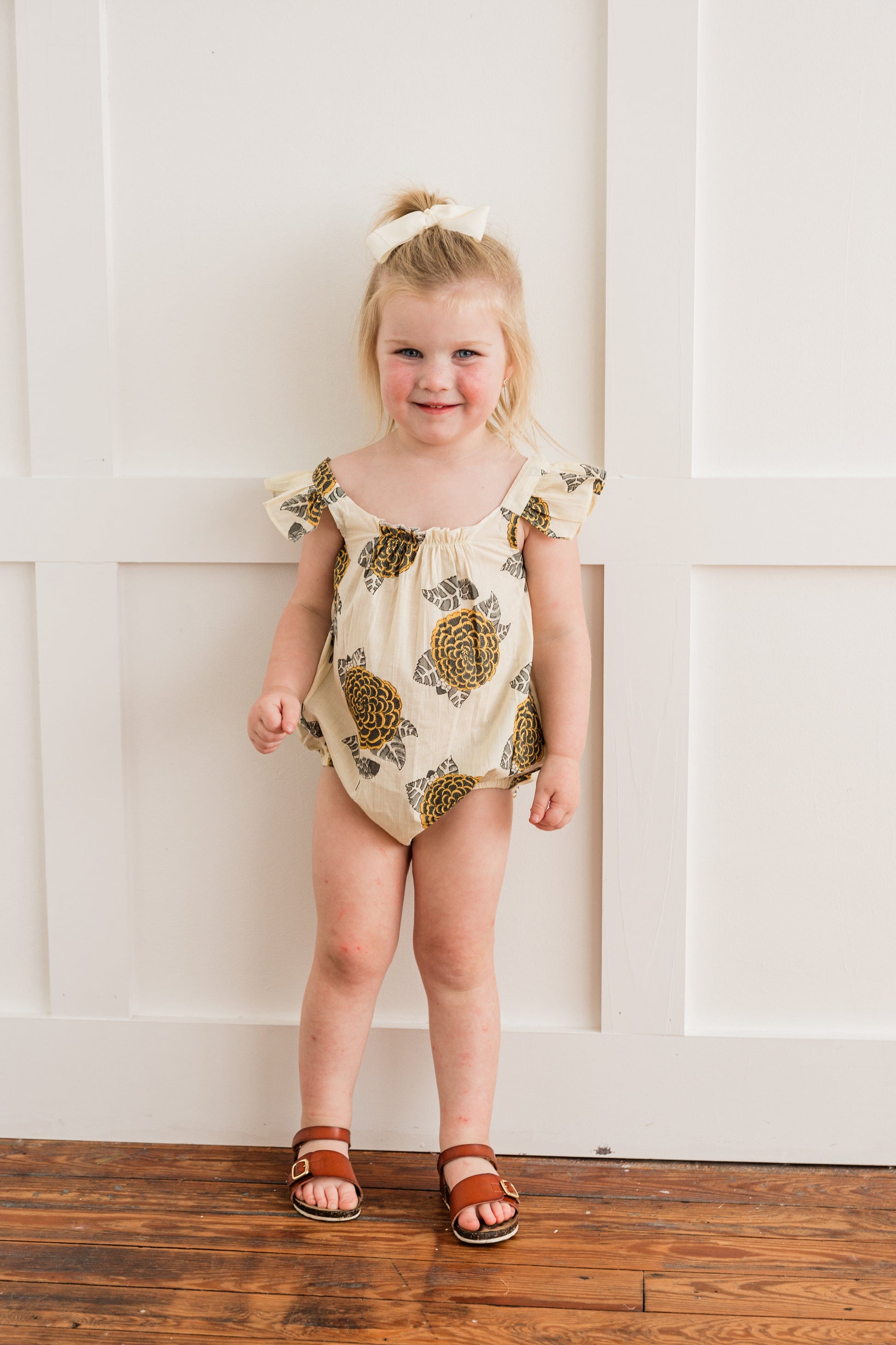 Mustard & Grey Floral Print Sleeve Ruffled Romper romper Yo Baby India 