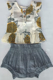 Mustard & Grey Floral Print Sleeve Ruffled Top & Black Chambray Shorts Set dress & diaper cover Yo Baby India 